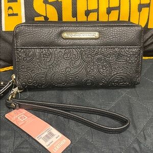 Stone Mountain Black Embossed Leather Wristlet
